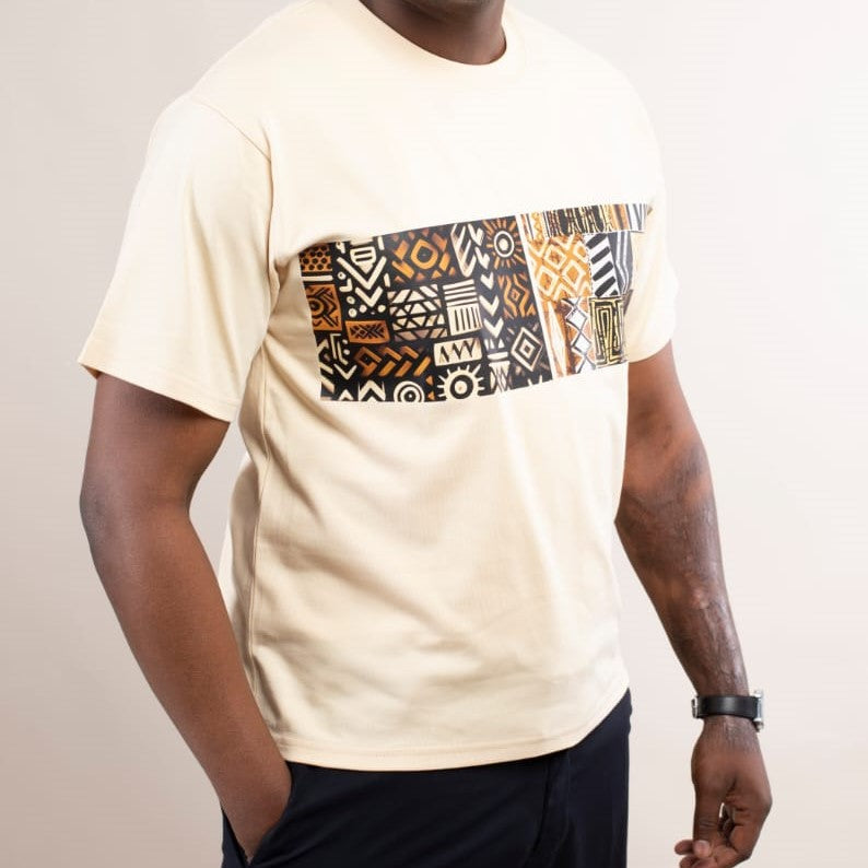 T-shirt Beige Crème – Motifs Mudcloth Africains