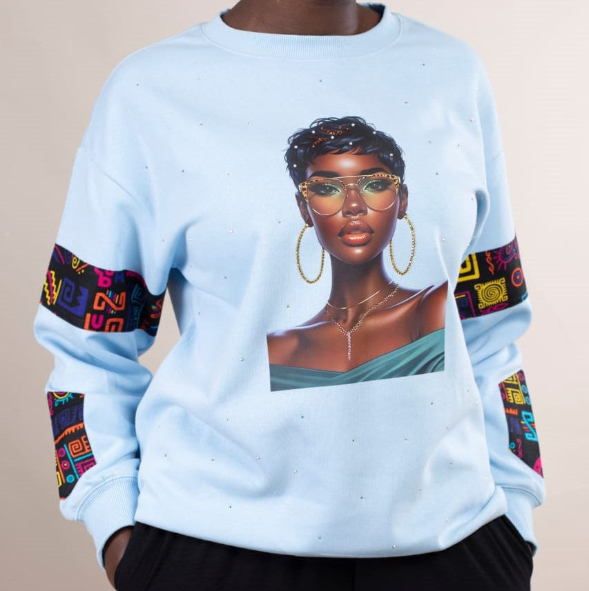 Sweat Africain Bleu Ciel – Strass & Wax