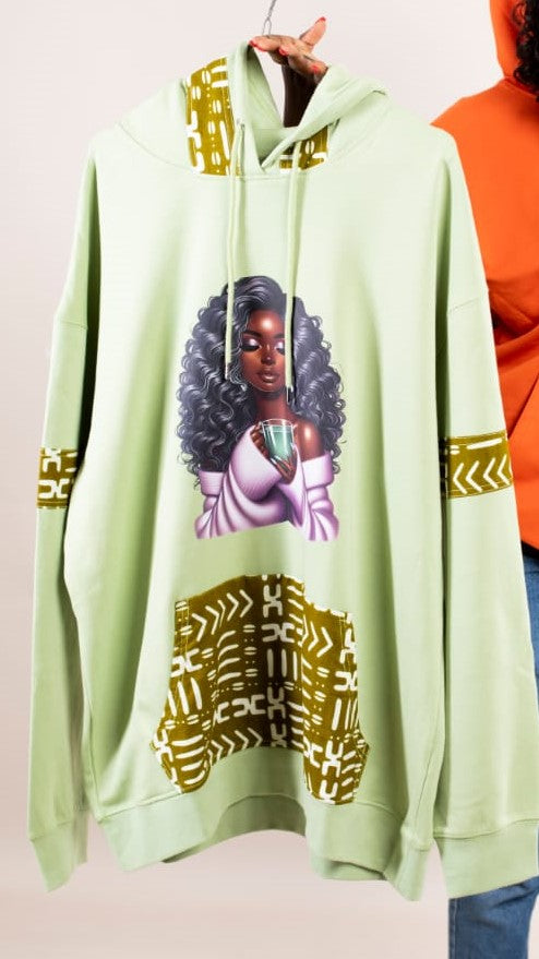 Hoodie Vert Menthe – Femme Africaine & Wax Doré