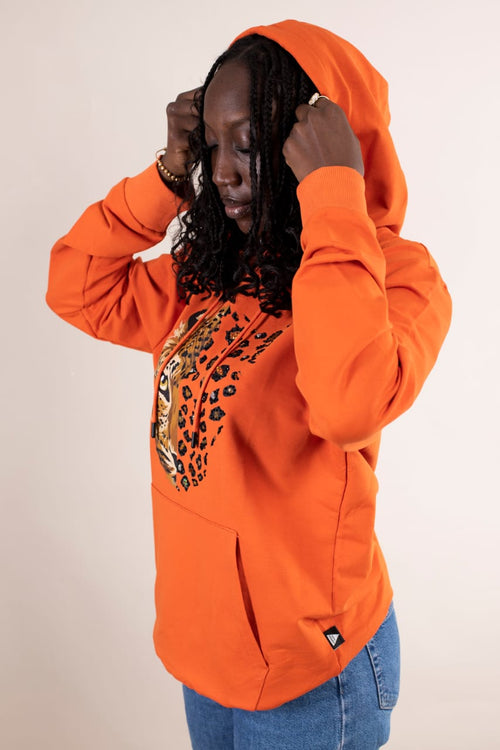 Hoodie Oversize Orange – Léopard Sublimation & Strass