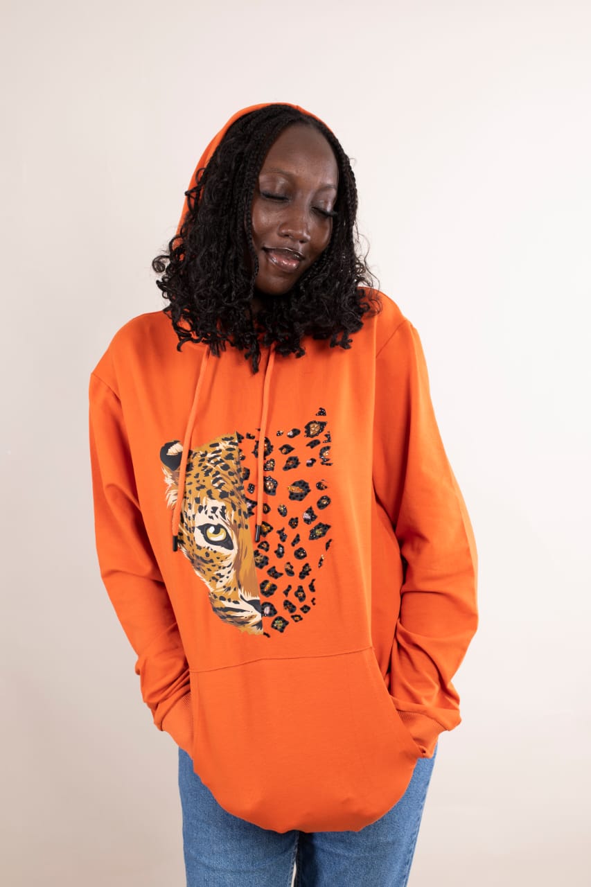 Hoodie Oversize Orange – Léopard Sublimation & Strass