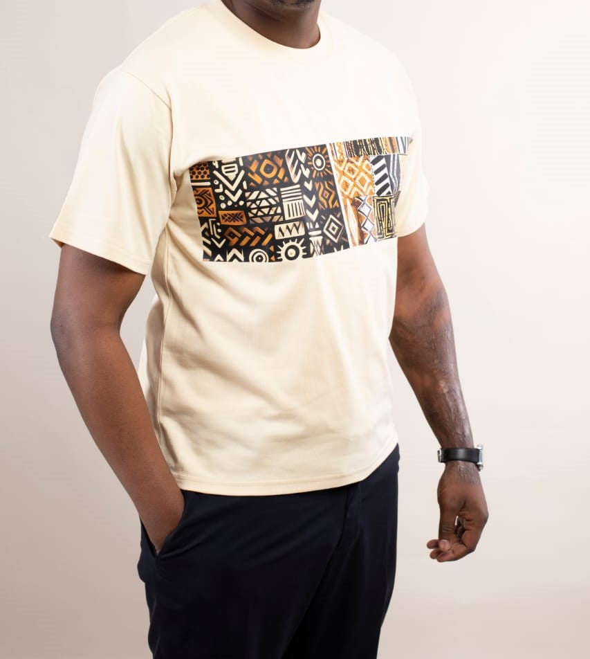 T-shirt Beige Crème – Motifs Mudcloth Africains